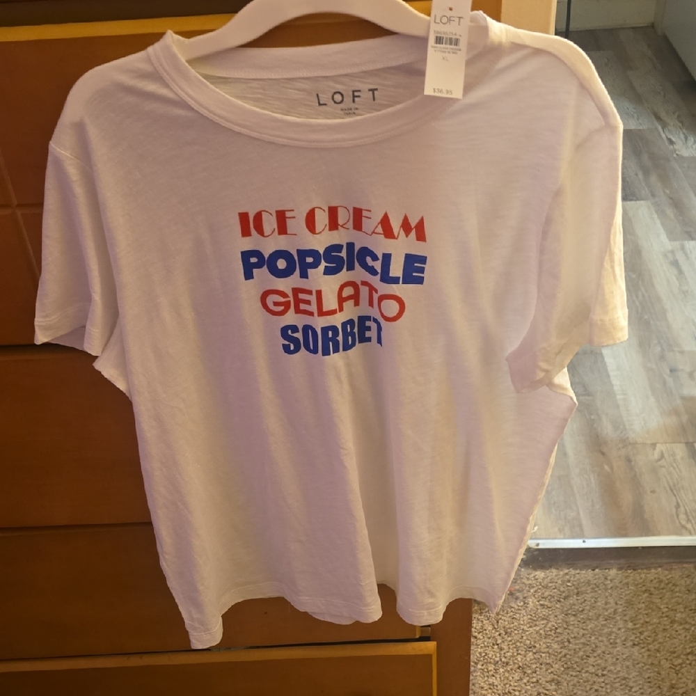 LOFT White Tee with Red and Blue Ice Cream Graphic